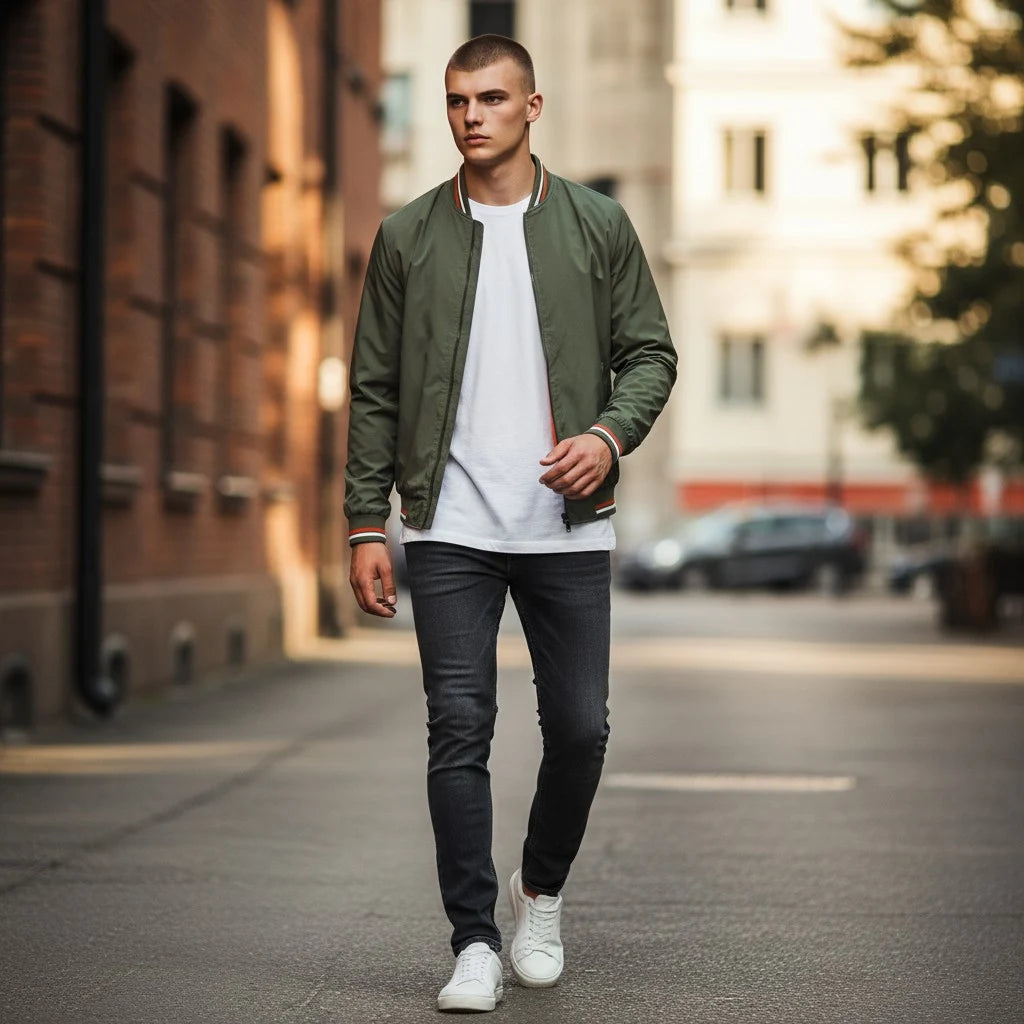 Man walking on a street wearing a green bomber jacket, white shirt, black pants, and white sneakers.
